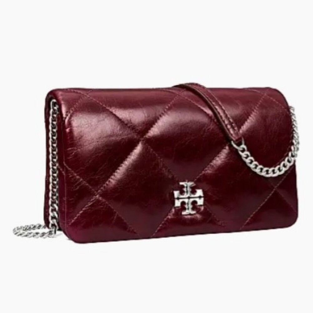 Tory Burch Kira Diamond Distressed Leather Chain Wallet Dark Carmine - Picture 3 of 14